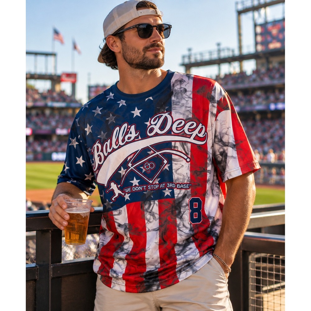Balls Deep Baseball Jersey Mens 2XL American Flag Stars Stripes Graphic Tee 8